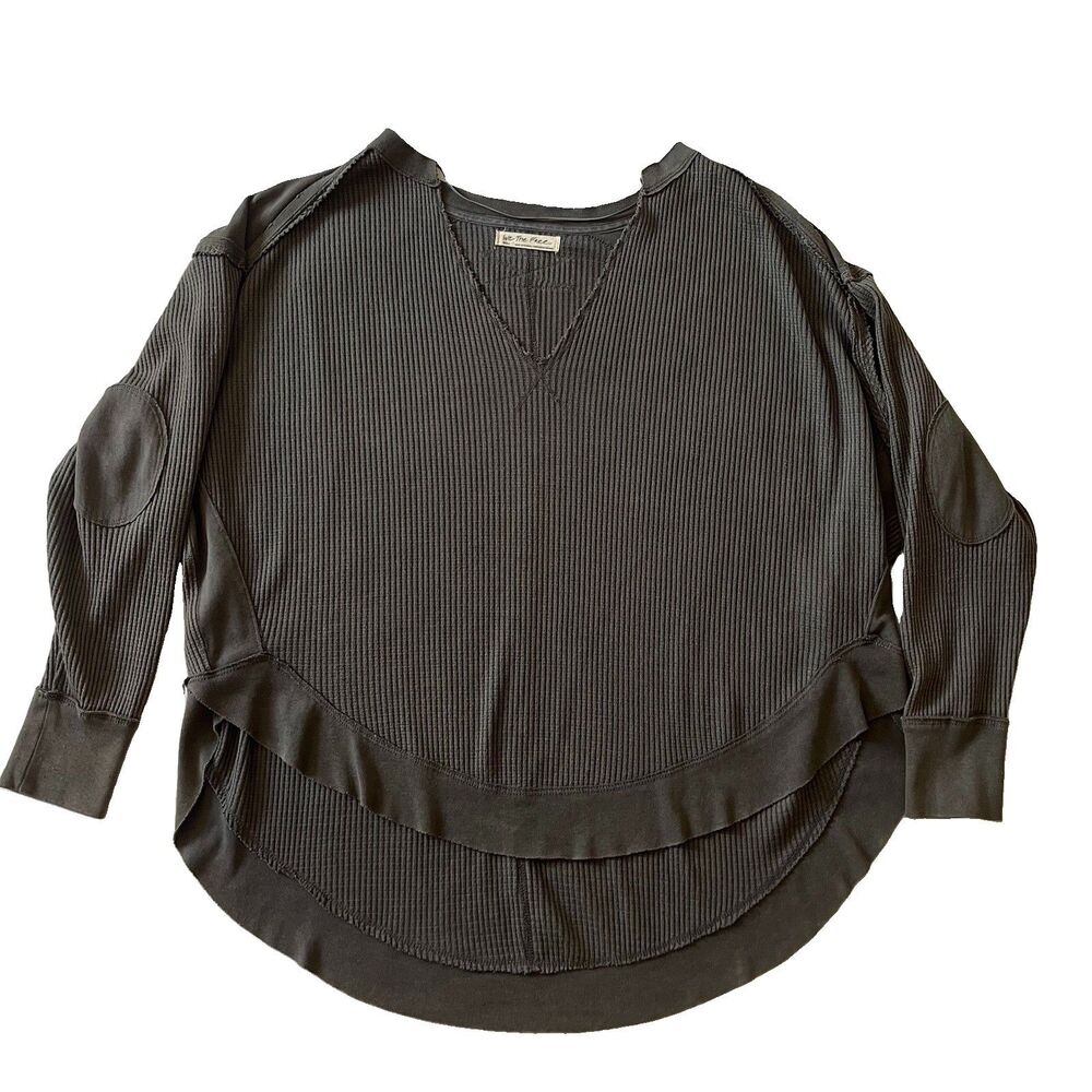 We The Free Owen Oversized Waffle Knit Shirt Women’s Size S Gray Elbow Patches